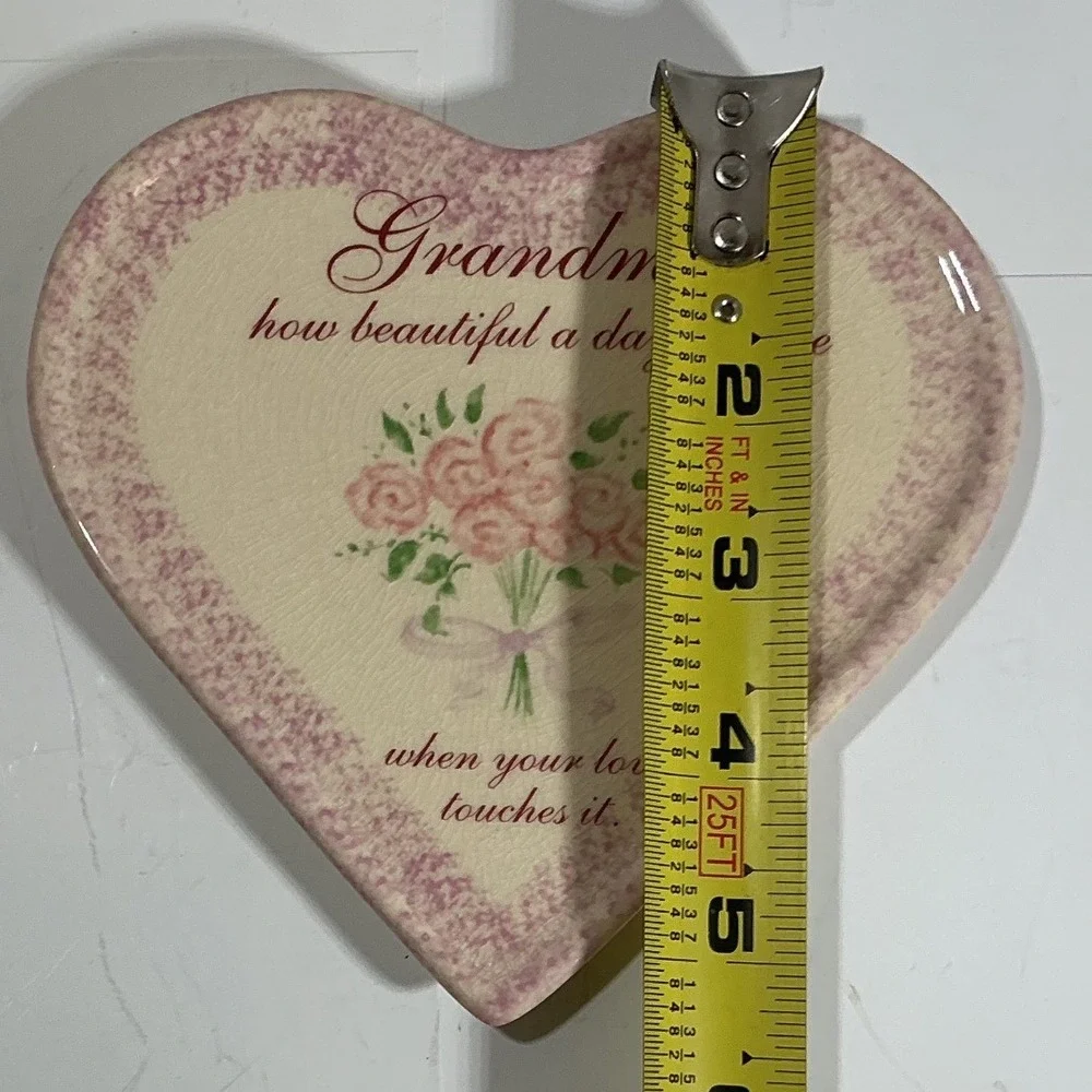 Russ‎ Berrie Grandma Heart Ceramic Trinket Dish Pink Roses Crackle Glaze 13406